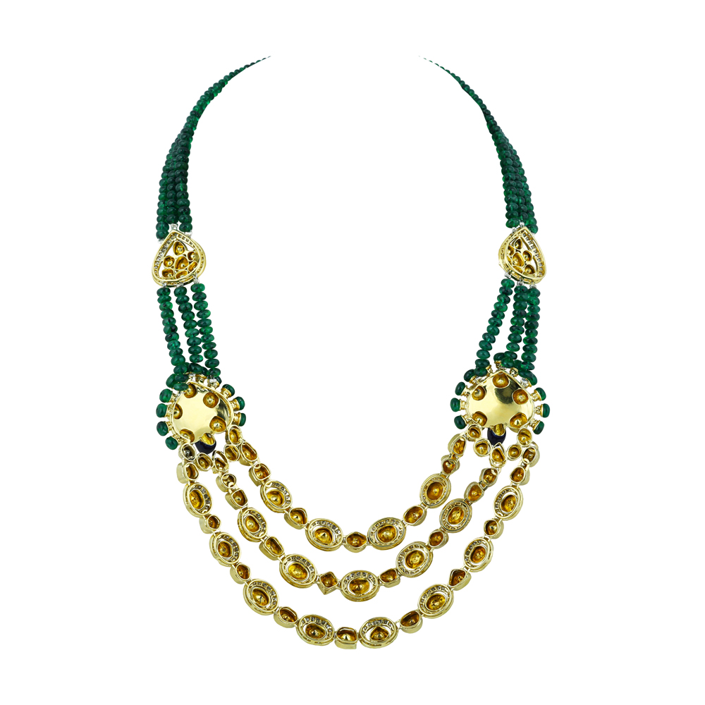 Three-Strand Polki Necklace with Emeralds and Enamel Peacock